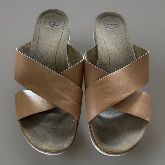 UGG Ugg Kari Slide Criss Cross  Leather upper Sandals Brown Size 9 - Picture 1 of 7